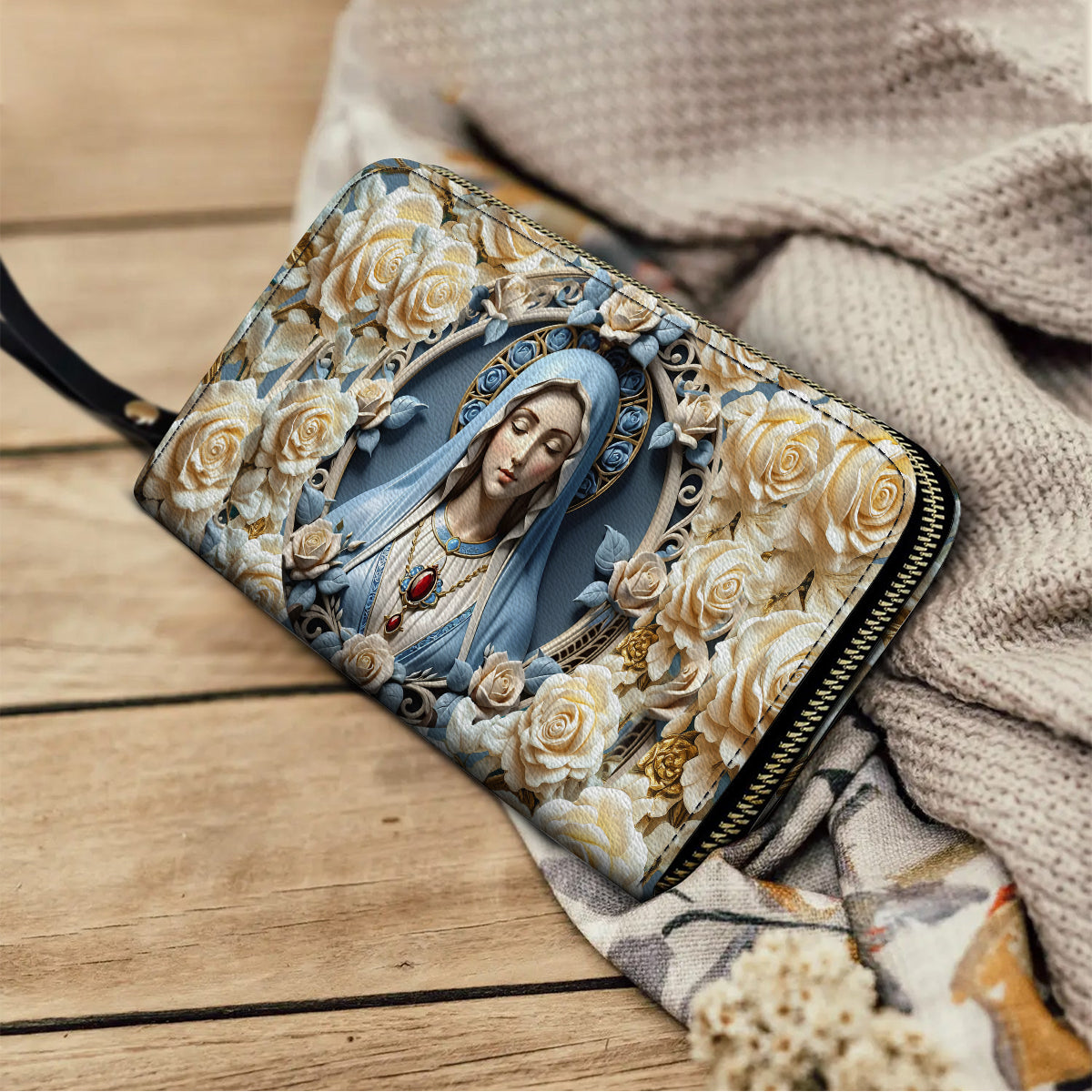  Leather Clutch Purse With Wristlet Strap Handle Blessed Virgin Mary