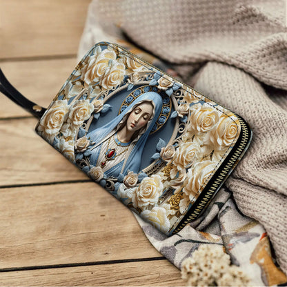  Leather Clutch Purse With Wristlet Strap Handle Blessed Virgin Mary