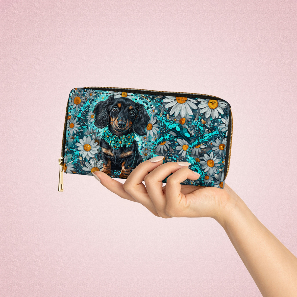  Leather Clutch Purse With Wristlet Strap Handle Dachshund Daisy