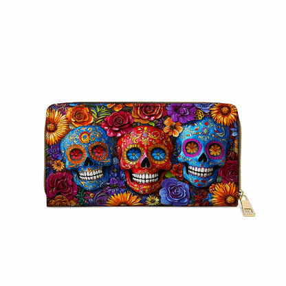 Leather Clutch Purse With Wristlet Strap Handle Vibrant Sugar Skull