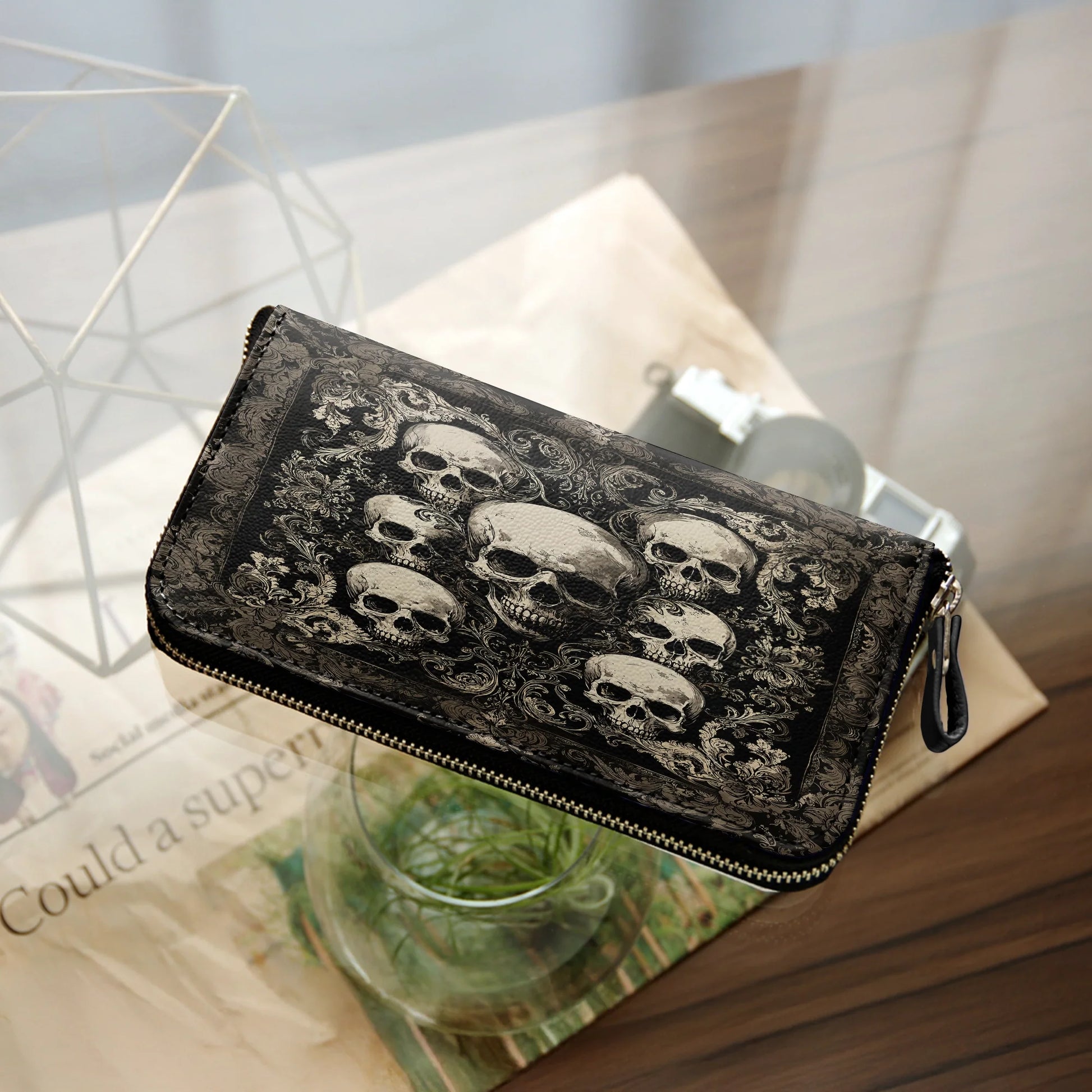  Leather Clutch Purse With Wristlet Strap Handle Gothic Skull Majesty