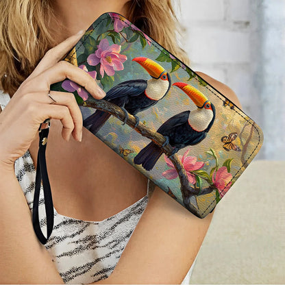  Leather Clutch Purse With Wristlet Strap Handle Tropical Toucan
