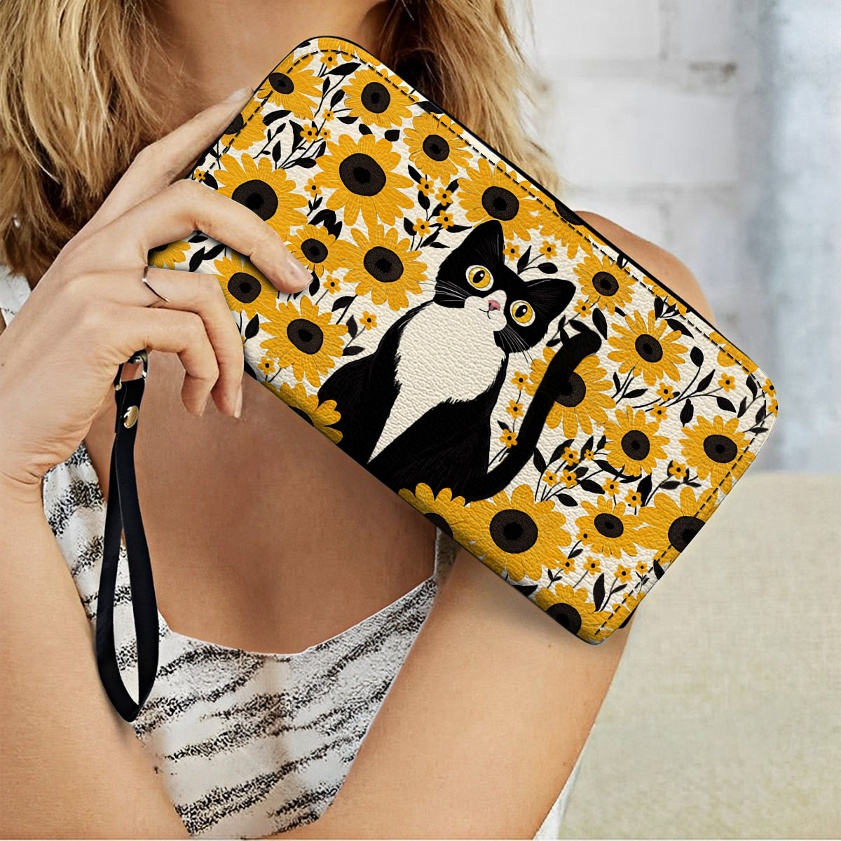  Leather Clutch Purse With Wristlet Strap Handle Leather Bag Cat In Sunflower Garden