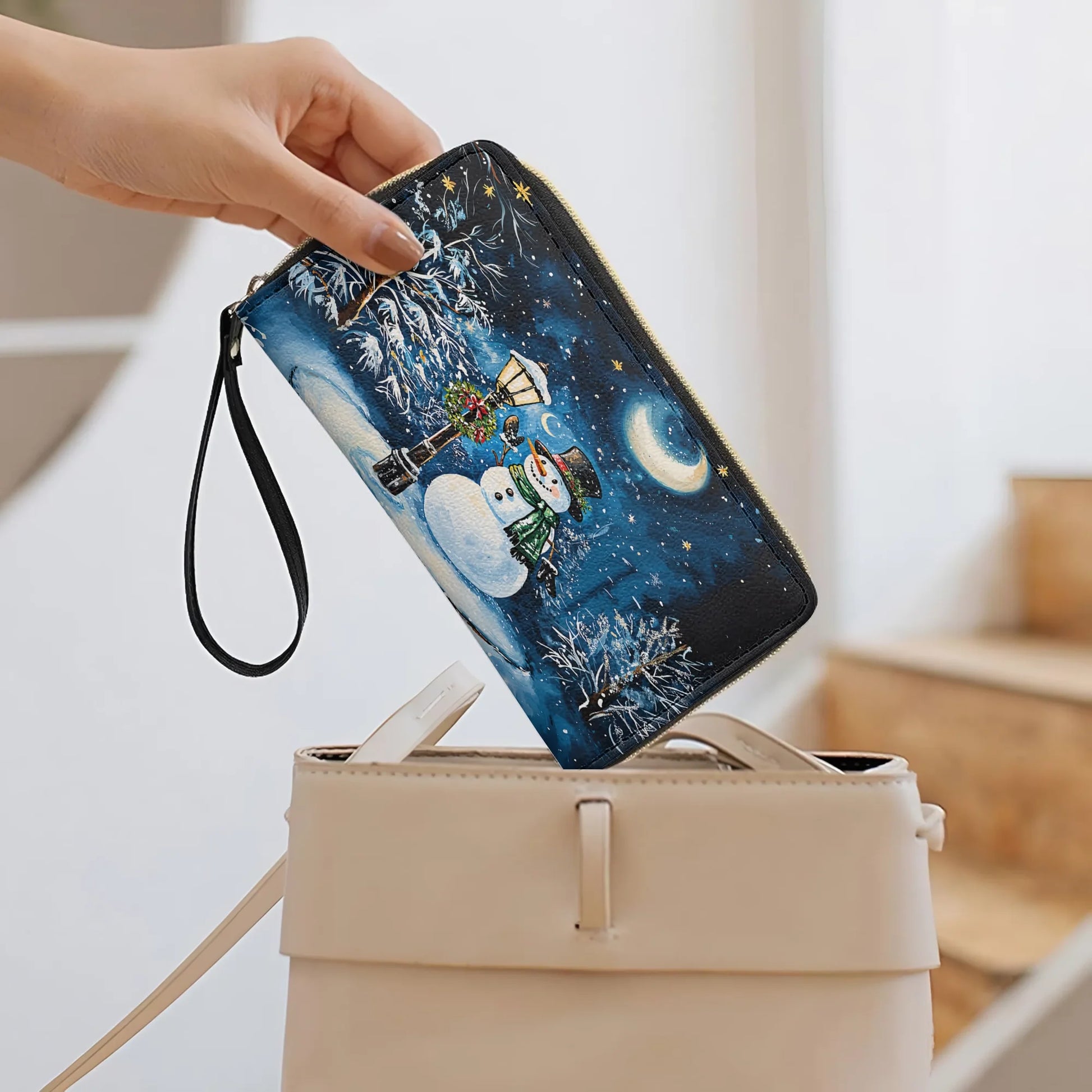  Leather Clutch Purse With Wristlet Strap Handle Frosty Night
