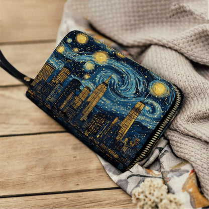  Leather Clutch Purse With Wristlet Strap Handle Starry Skyline