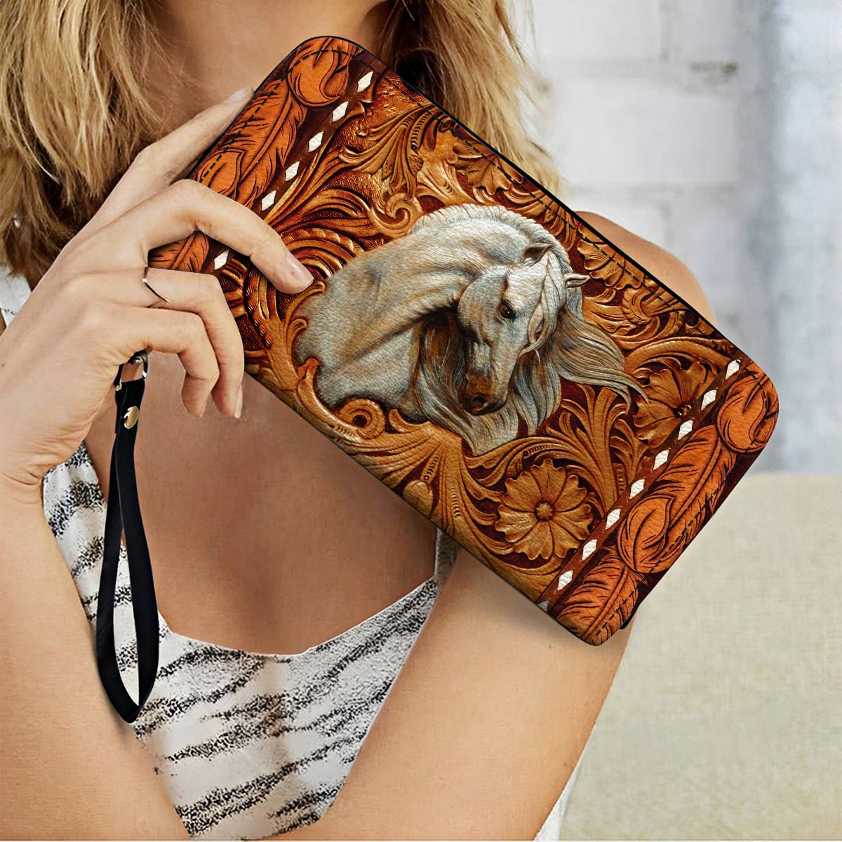  Leather Clutch Purse With Wristlet Strap Handle Majestic Stallion