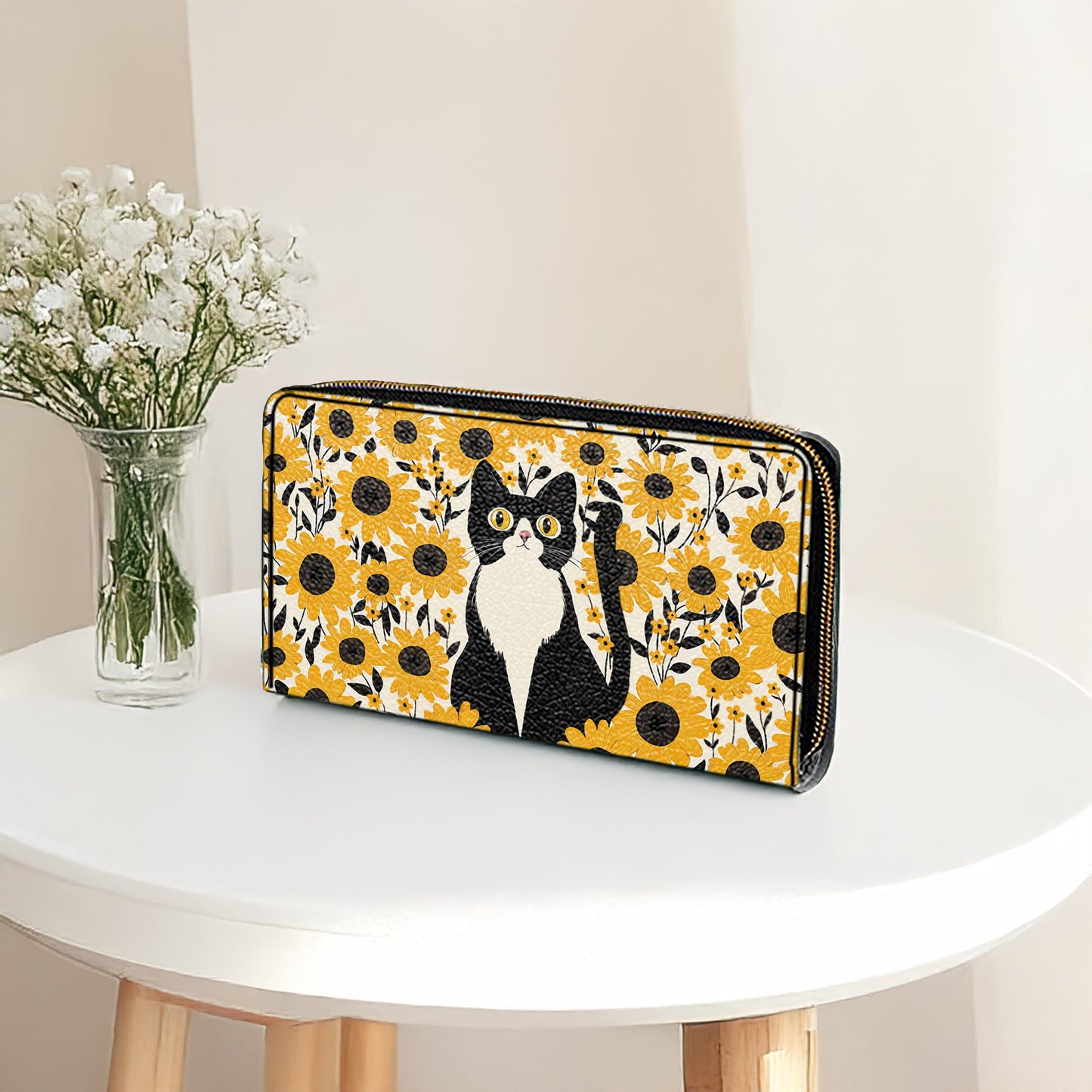  Leather Clutch Purse With Wristlet Strap Handle Leather Bag Cat In Sunflower Garden
