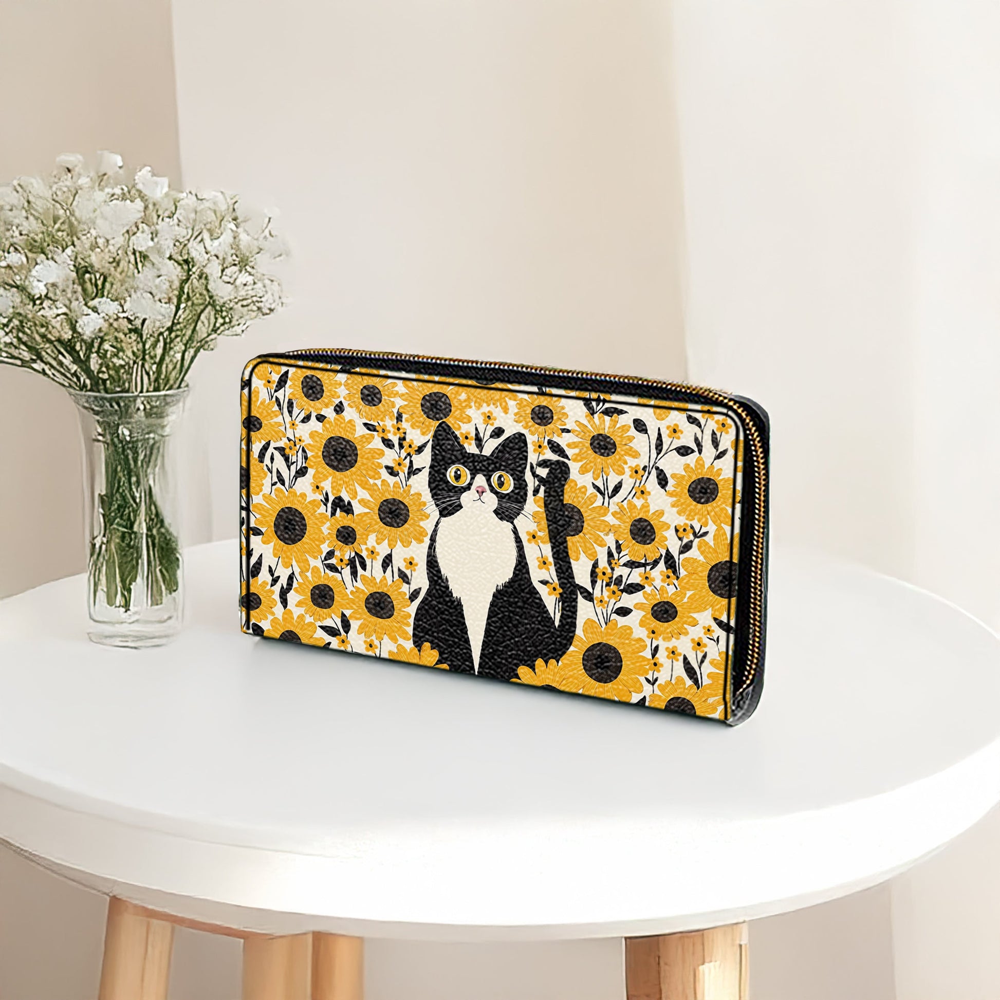  Leather Clutch Purse With Wristlet Strap Handle Leather Bag Cat In Sunflower Garden