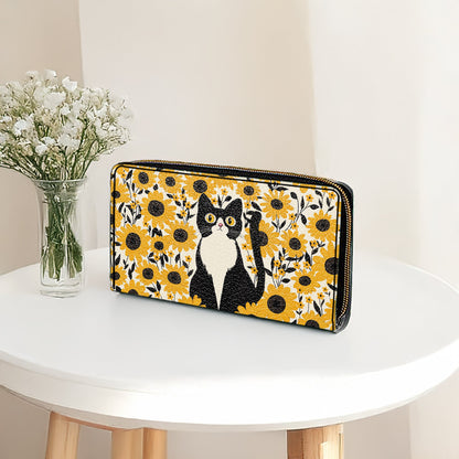  Leather Clutch Purse With Wristlet Strap Handle Leather Bag Cat In Sunflower Garden