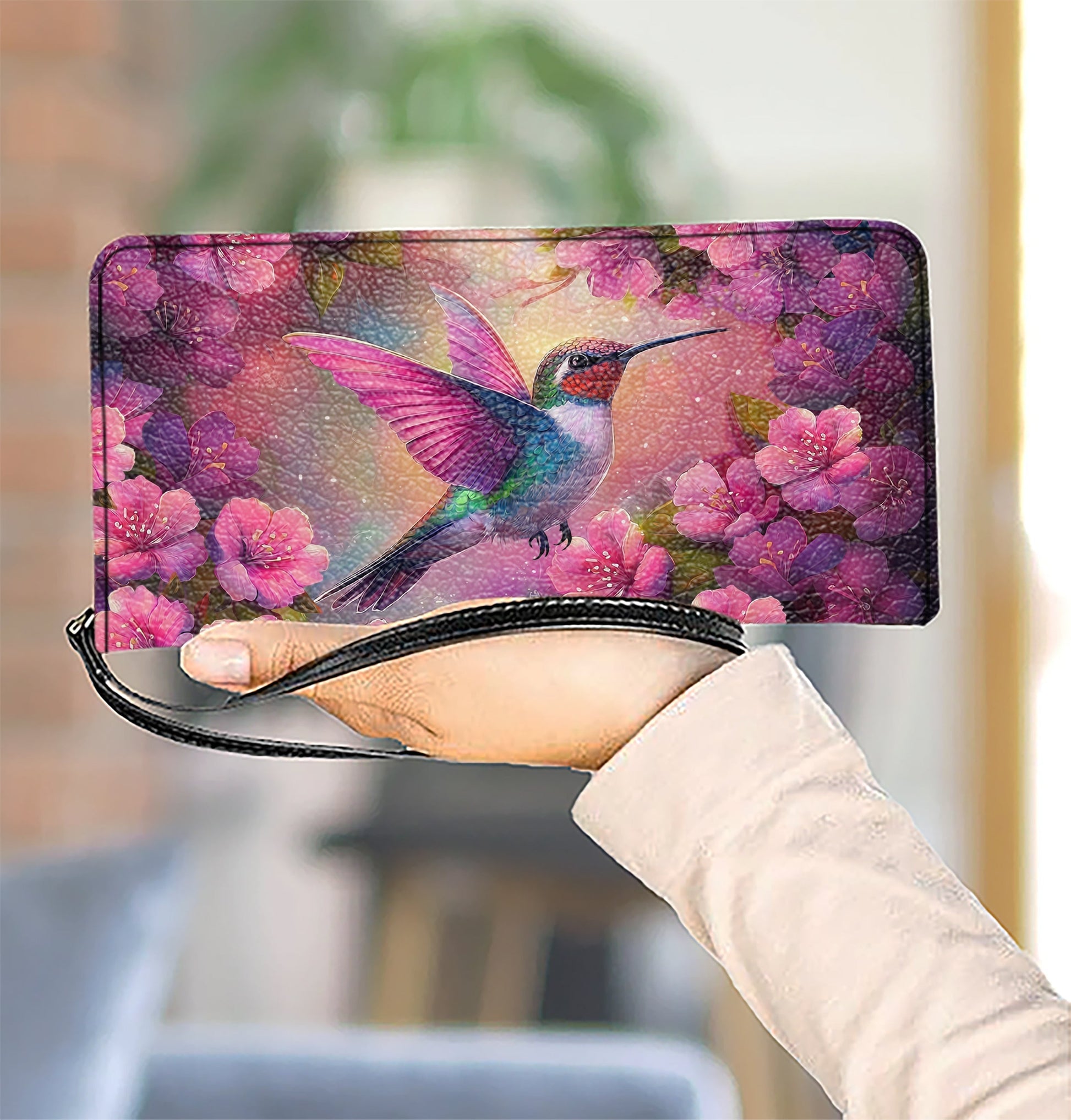  Leather Clutch Purse With Wristlet Strap Handle Blossom Hummingbird