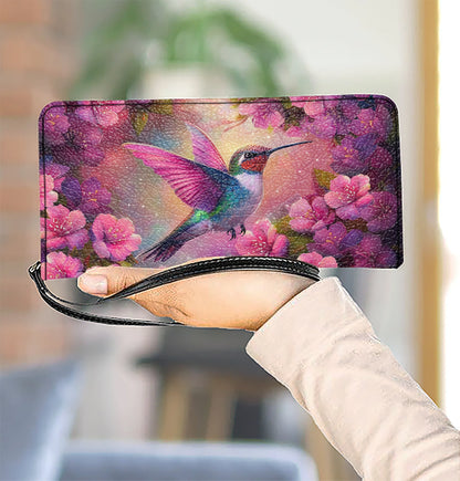  Leather Clutch Purse With Wristlet Strap Handle Blossom Hummingbird