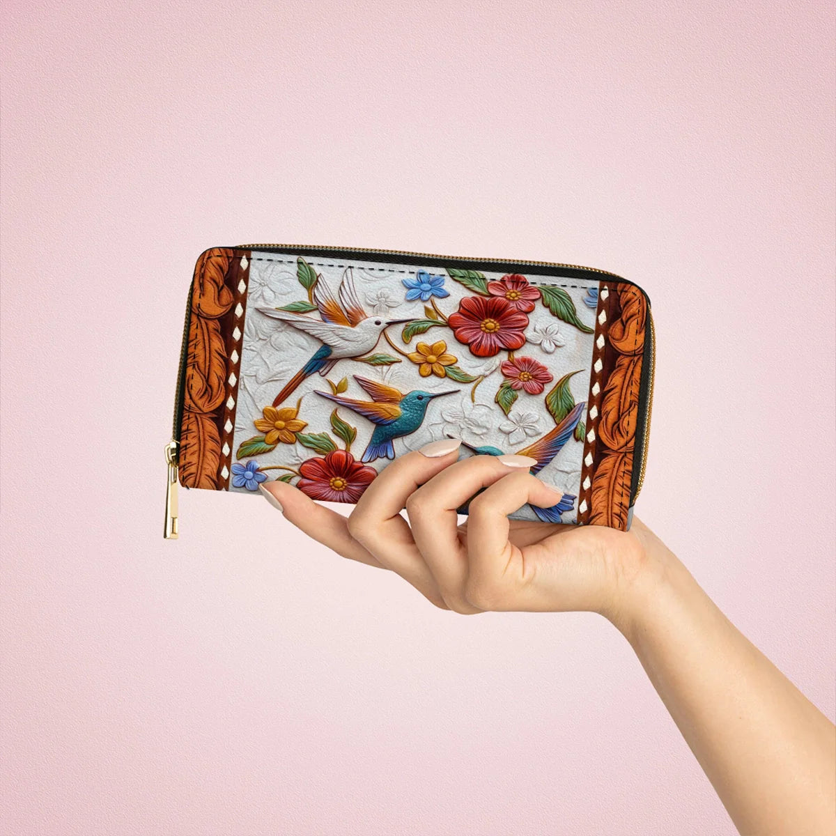  Leather Clutch Purse With Wristlet Strap Handle Hummingbird Blossom Flight