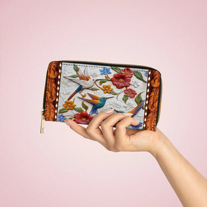  Leather Clutch Purse With Wristlet Strap Handle Hummingbird Blossom Flight
