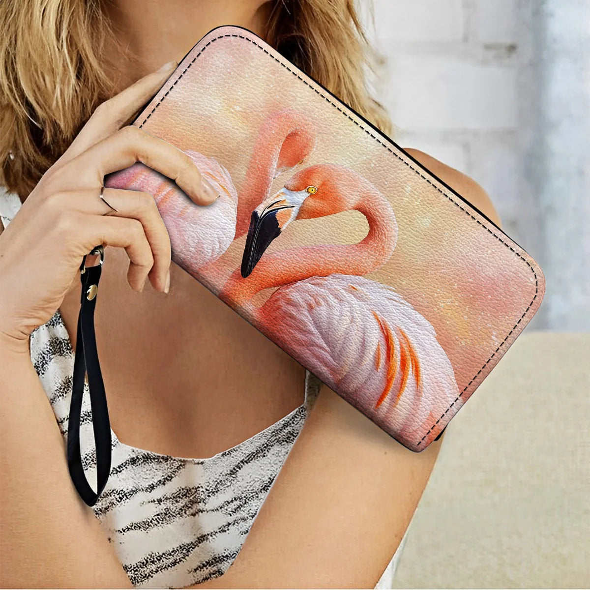  Leather Clutch Purse With Wristlet Strap Handle Flawlessly Fabulous Flamingo Bliss