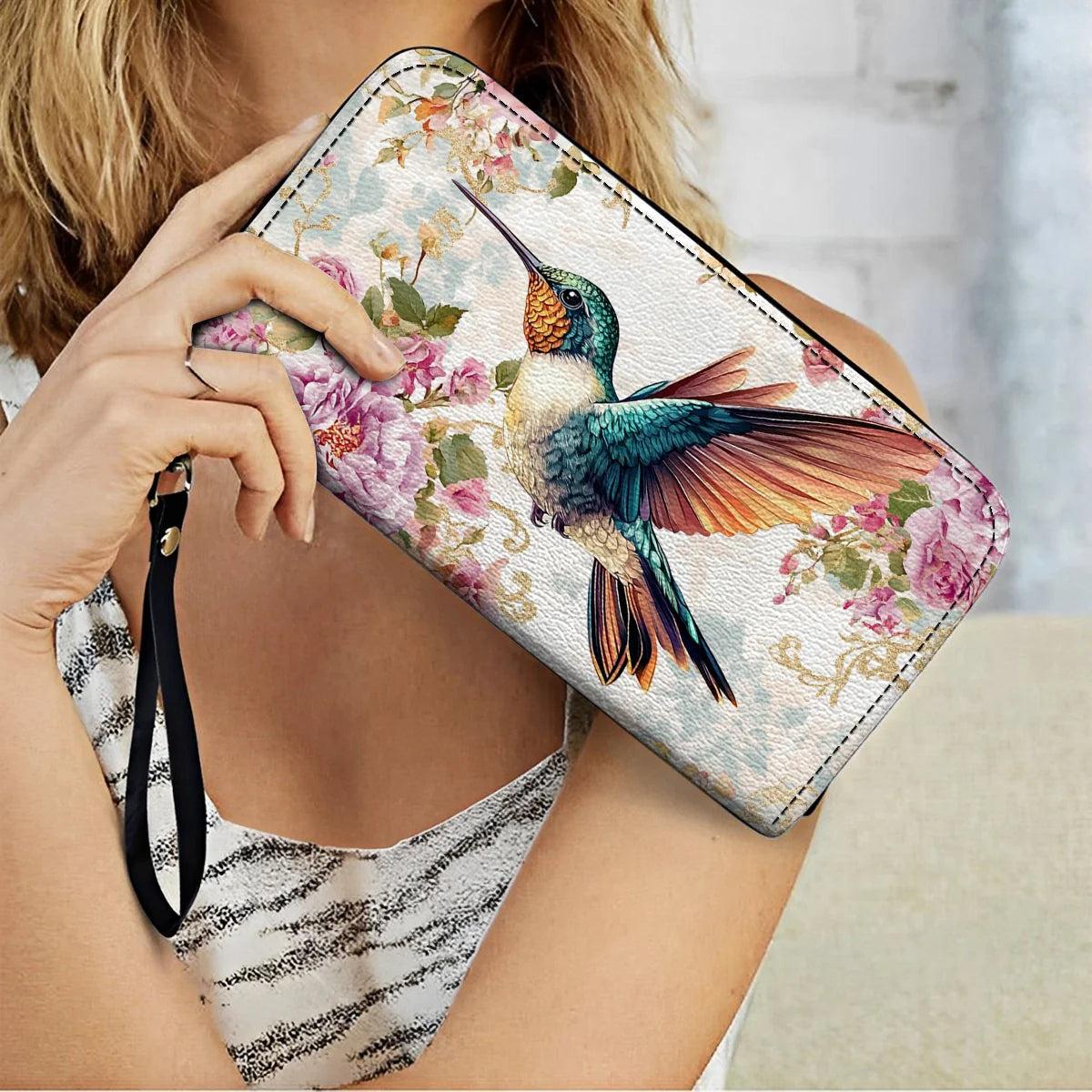  Leather Clutch Purse With Wristlet Strap Handle Ethereal Flight Hummingbird