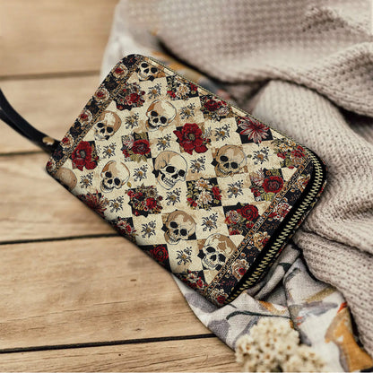  Leather Clutch Purse With Wristlet Strap Handle Elegant Skull Roses