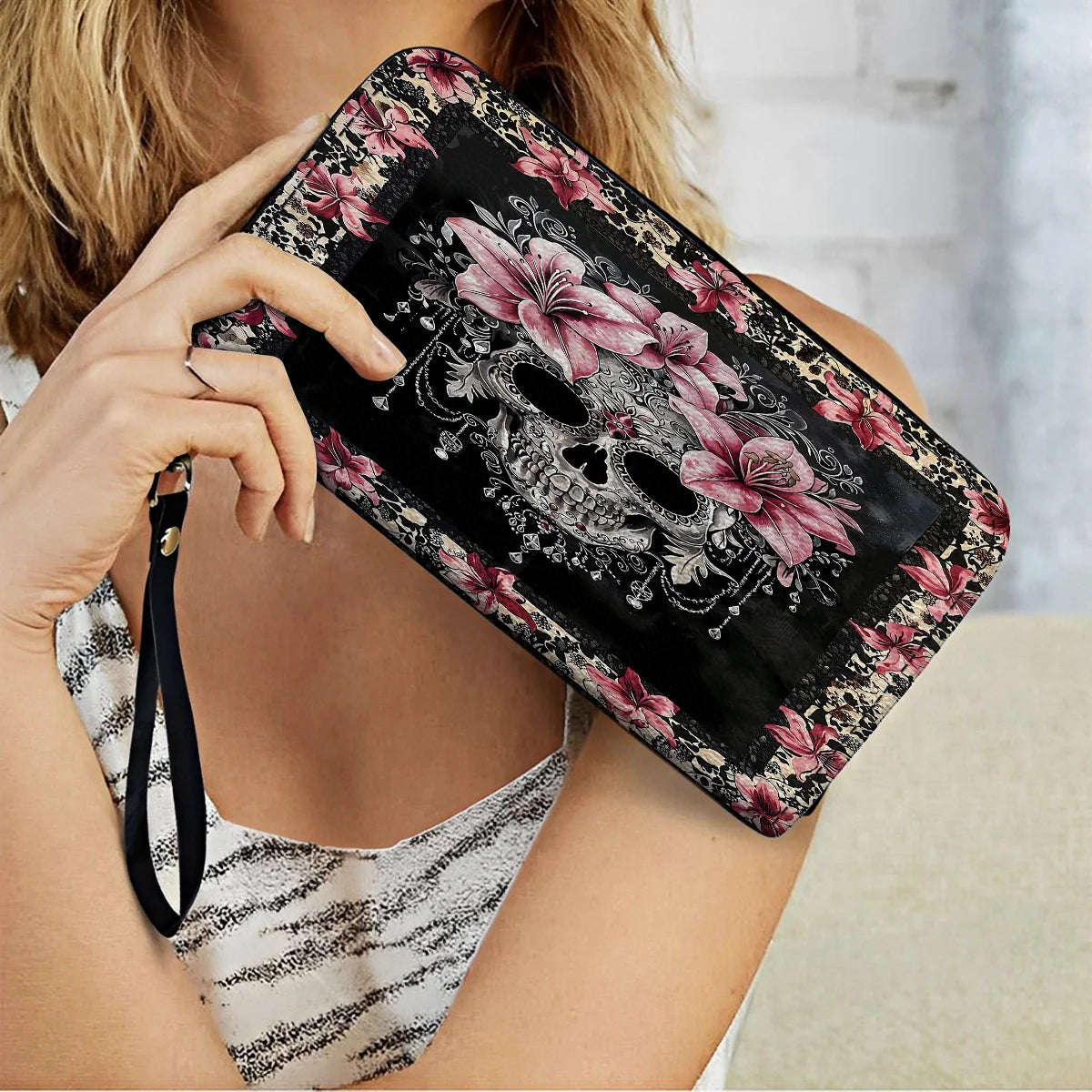  Leather Clutch Purse With Wristlet Strap Handle Beautiful Sugar Skull With Lilies