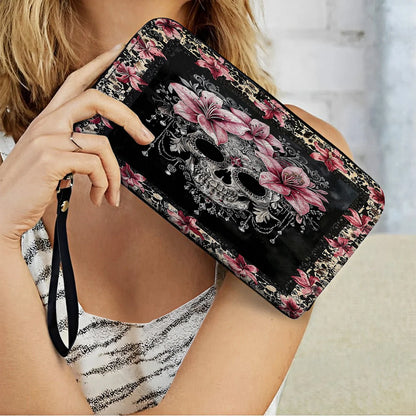  Leather Clutch Purse With Wristlet Strap Handle Beautiful Sugar Skull With Lilies