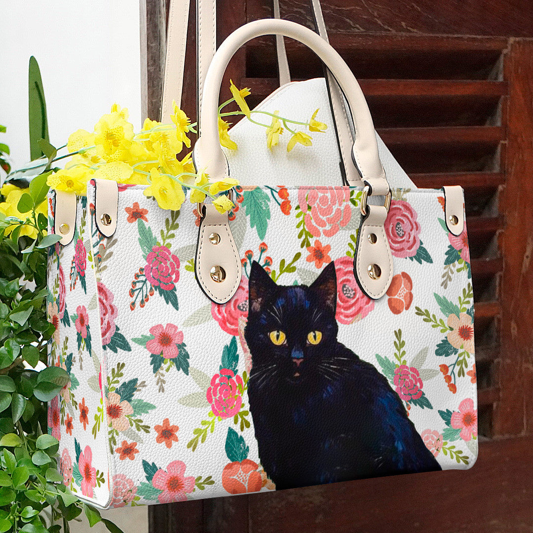  Leather Bag Cat Leather Bag Traditional Black Cat & Flower