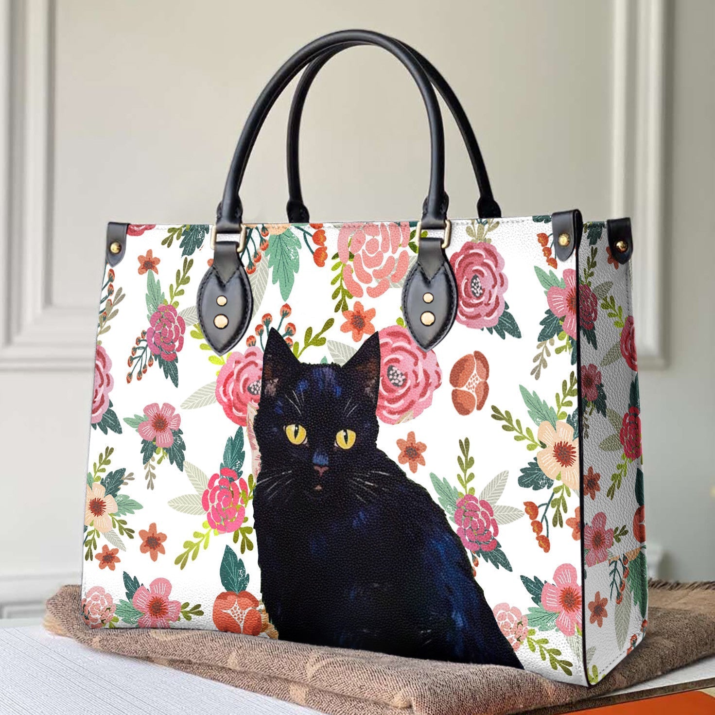  Leather Bag Cat Leather Bag Traditional Black Cat & Flower