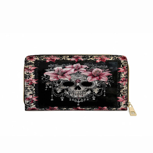  Leather Clutch Purse With Wristlet Strap Handle Beautiful Sugar Skull With Lilies