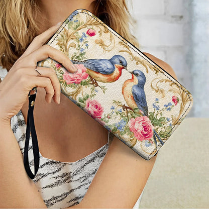  Leather Clutch Purse With Wristlet Strap Handle Bluebird Serenade