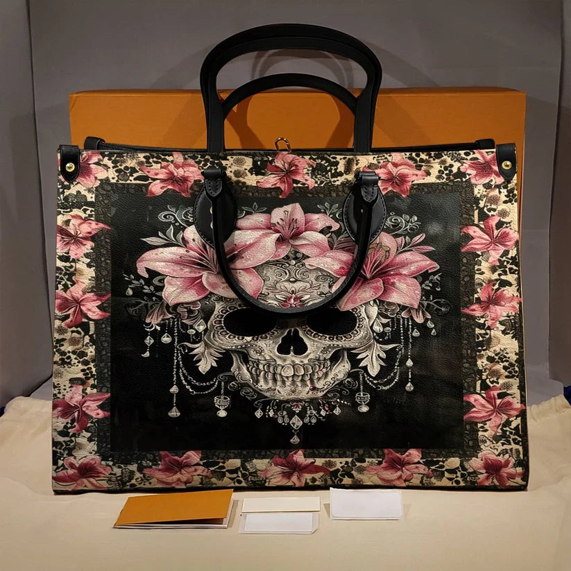 Sugar Skull With Lilies Leather Bag