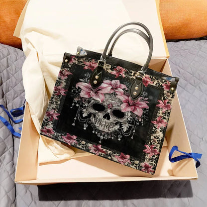 Sugar Skull With Lilies Leather Bag