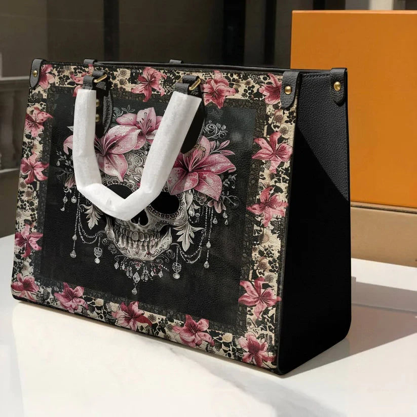 Sugar Skull With Lilies Leather Bag