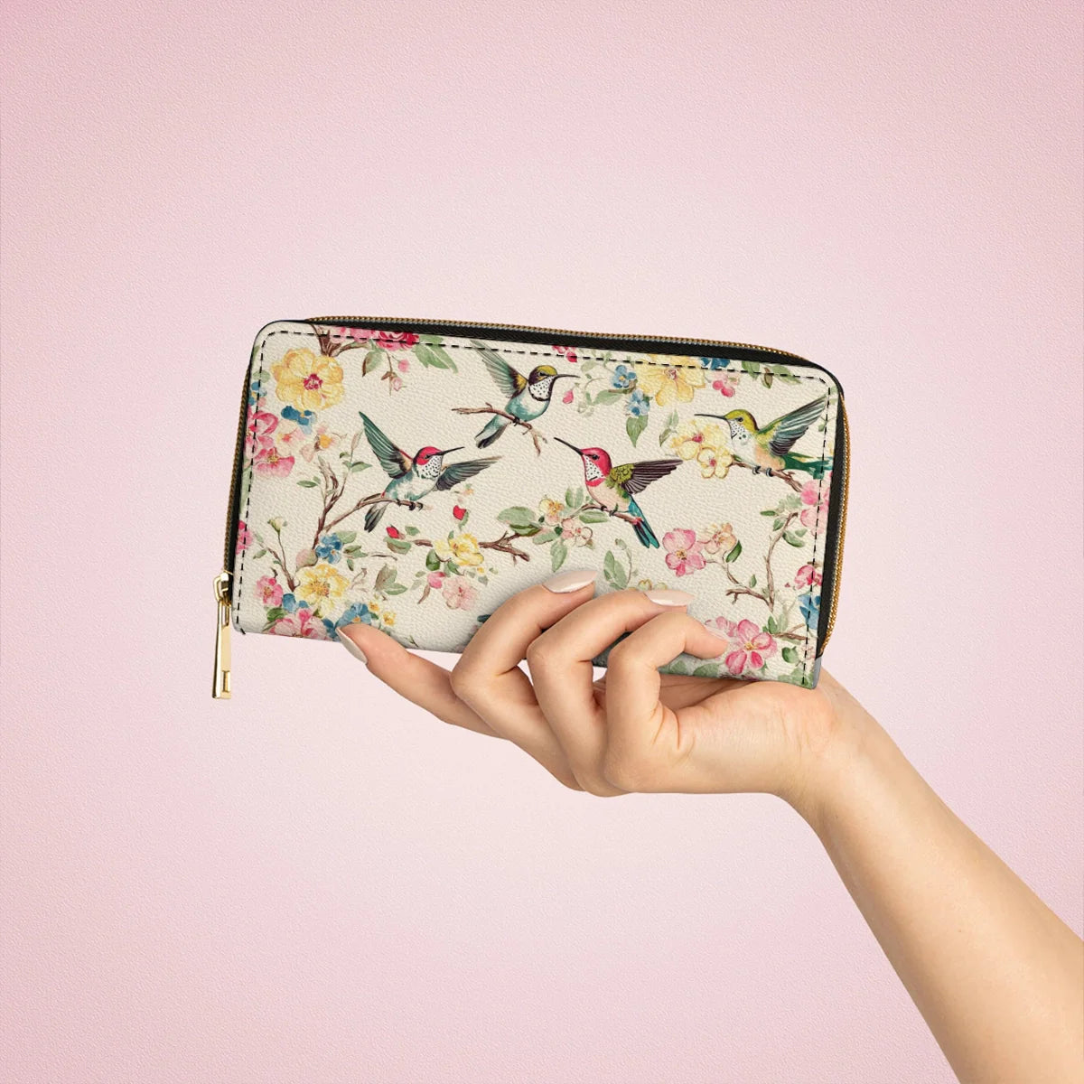  Leather Clutch Purse With Wristlet Strap Handle Hummingbird Symphony