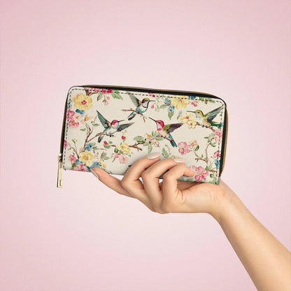  Leather Clutch Purse With Wristlet Strap Handle Hummingbird Symphony