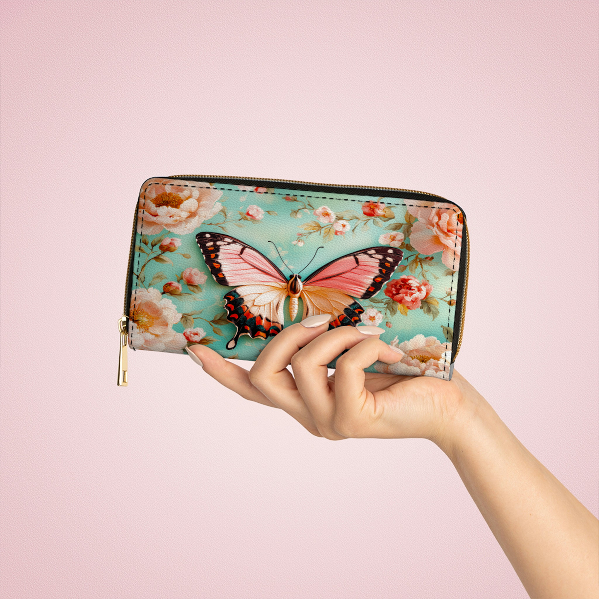  Leather Clutch Purse With Wristlet Strap Handle Ethereal Spring Butterfly