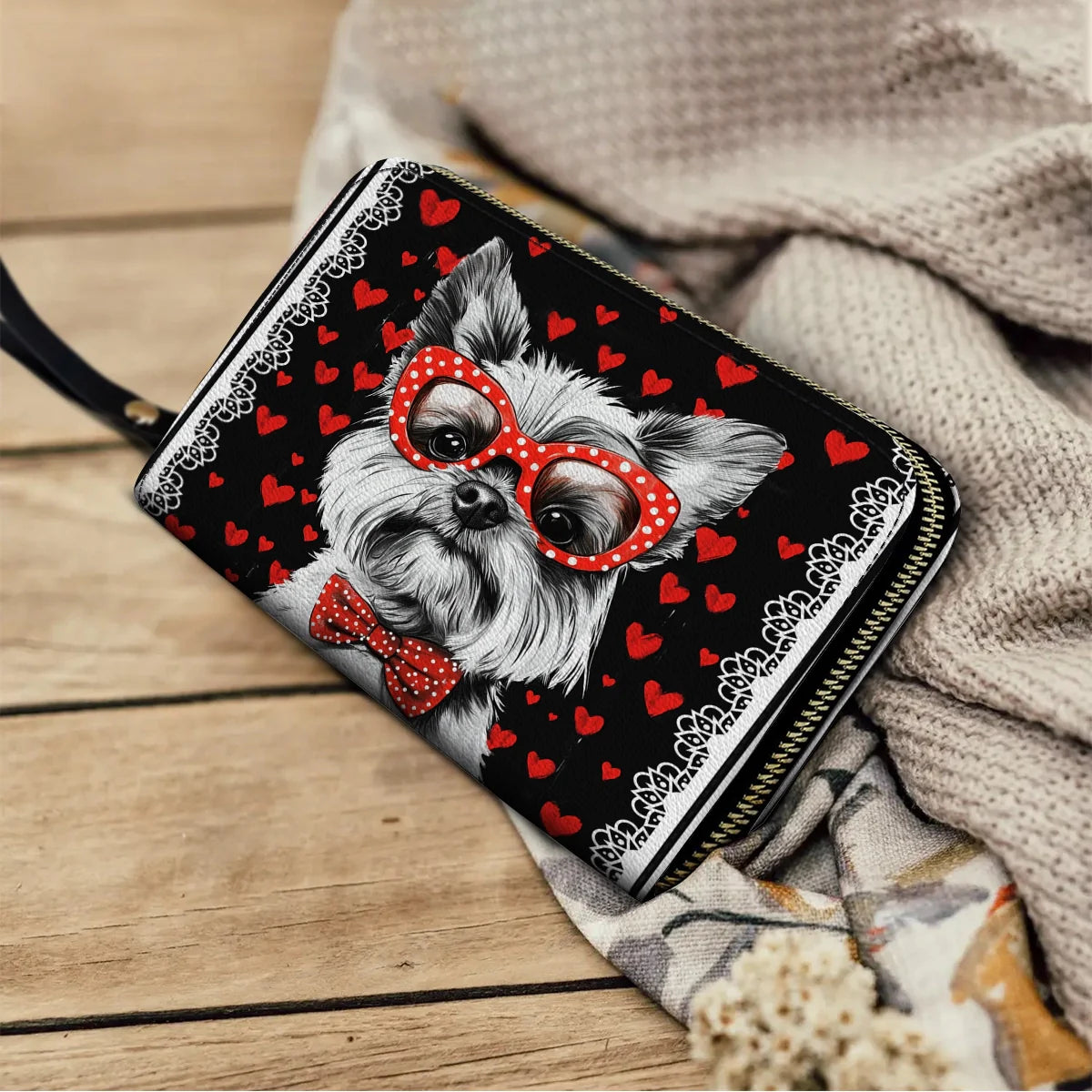  Leather Clutch Purse With Wristlet Strap Handle Yorkie Heart & Paws Love
