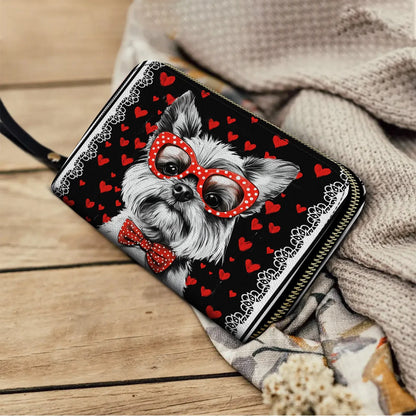  Leather Clutch Purse With Wristlet Strap Handle Yorkie Heart & Paws Love