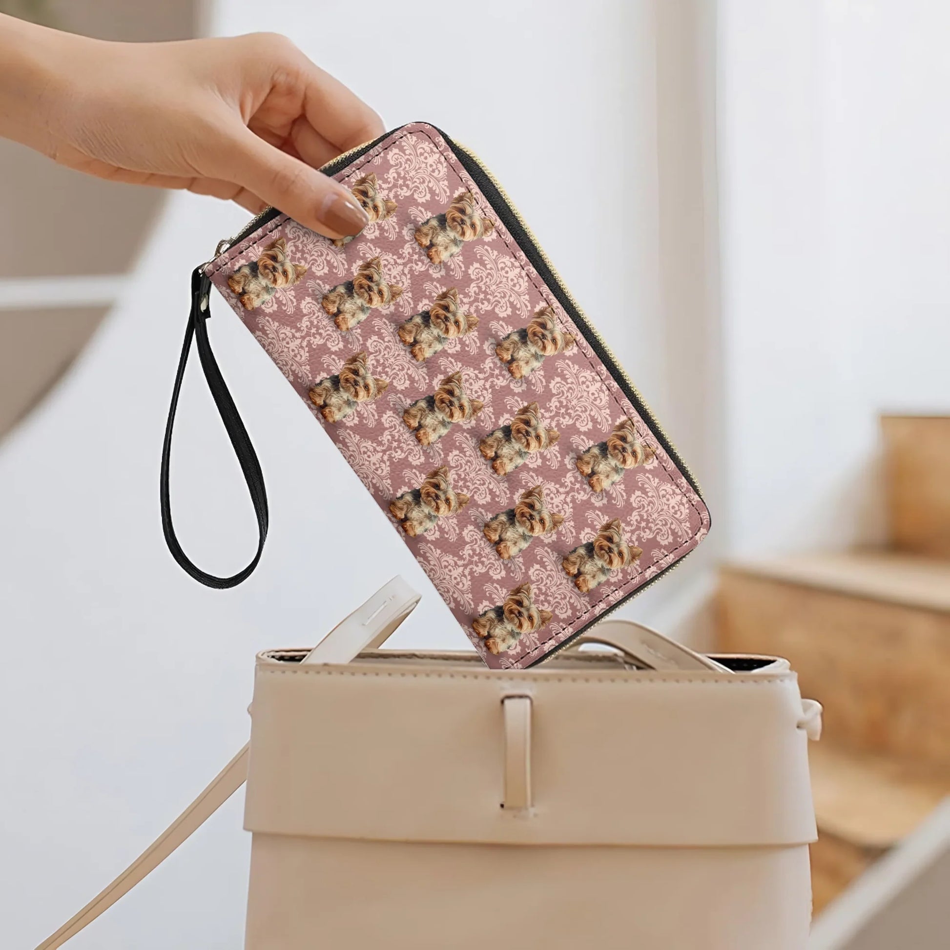  Leather Clutch Purse With Wristlet Strap Handle Elegant Yorkie Bliss