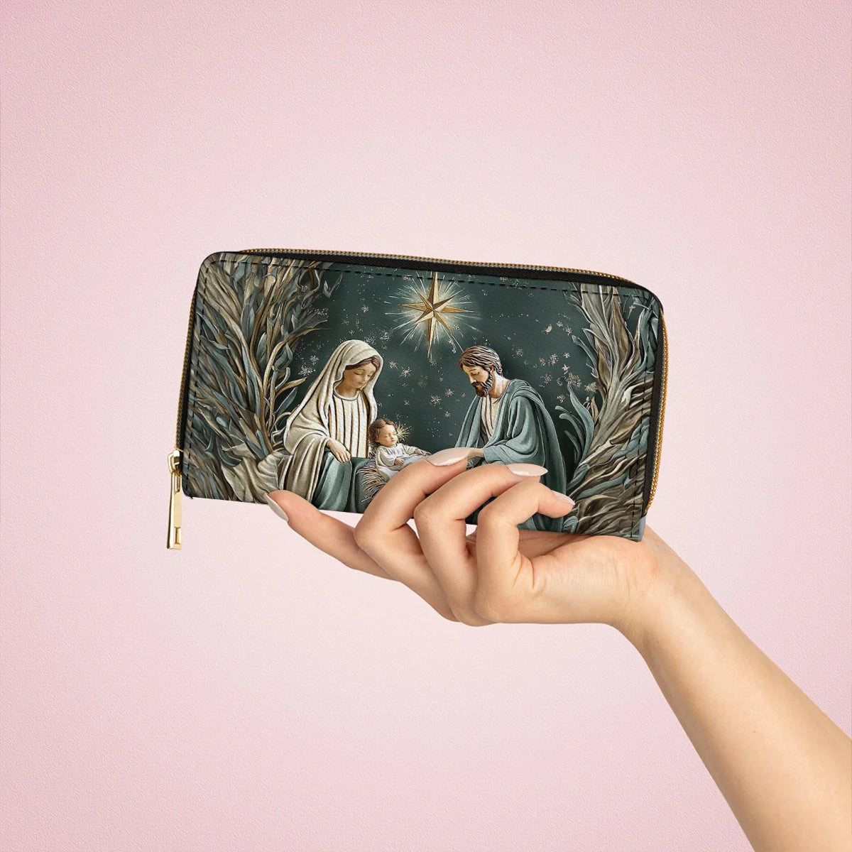  Leather Clutch Purse With Wristlet Strap Handle Divine Silent Night Nativity