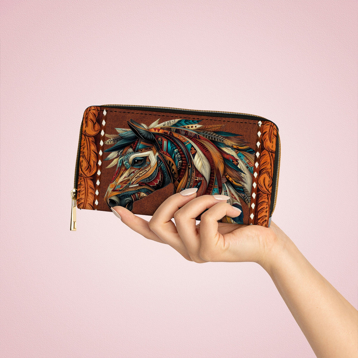  Leather Clutch Purse With Wristlet Strap Handle Tribal Horse Majesty
