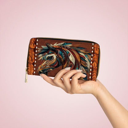  Leather Clutch Purse With Wristlet Strap Handle Tribal Horse Majesty