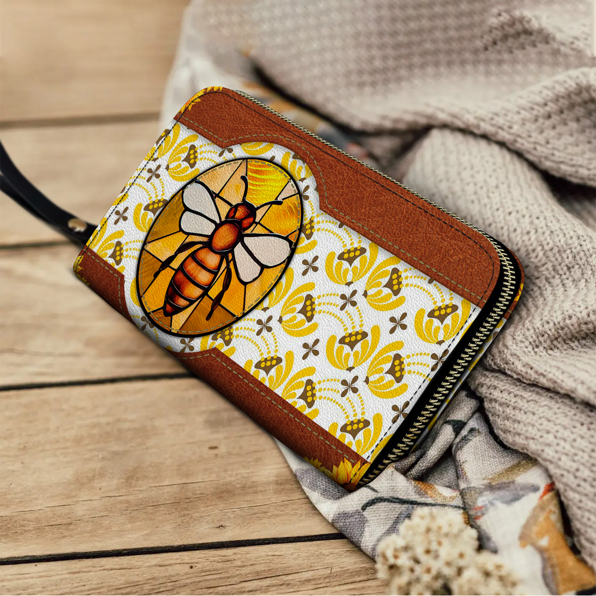  Leather Clutch Purse With Wristlet Strap Handle Bee Sunshine