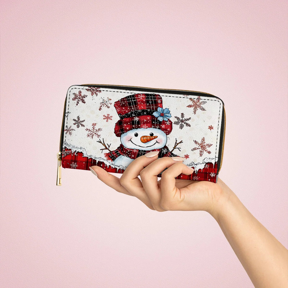  Leather Clutch Purse With Wristlet Strap Handle Plaid Snowman Joy
