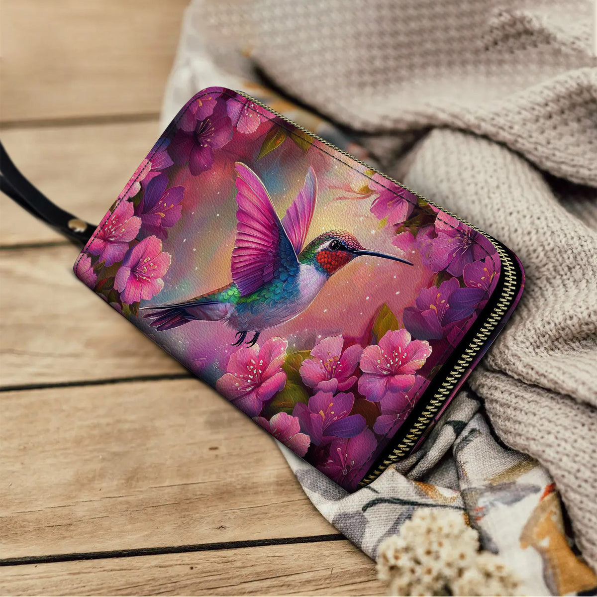  Leather Clutch Purse With Wristlet Strap Handle Blossom Hummingbird