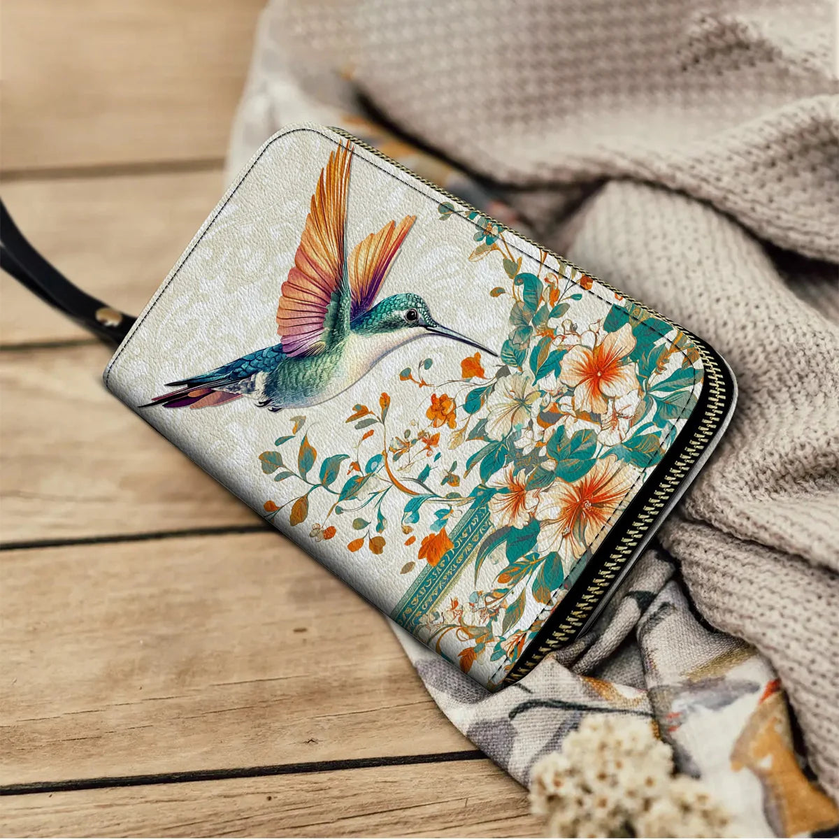  Leather Clutch Purse With Wristlet Strap Handle Hummingbird Harmony