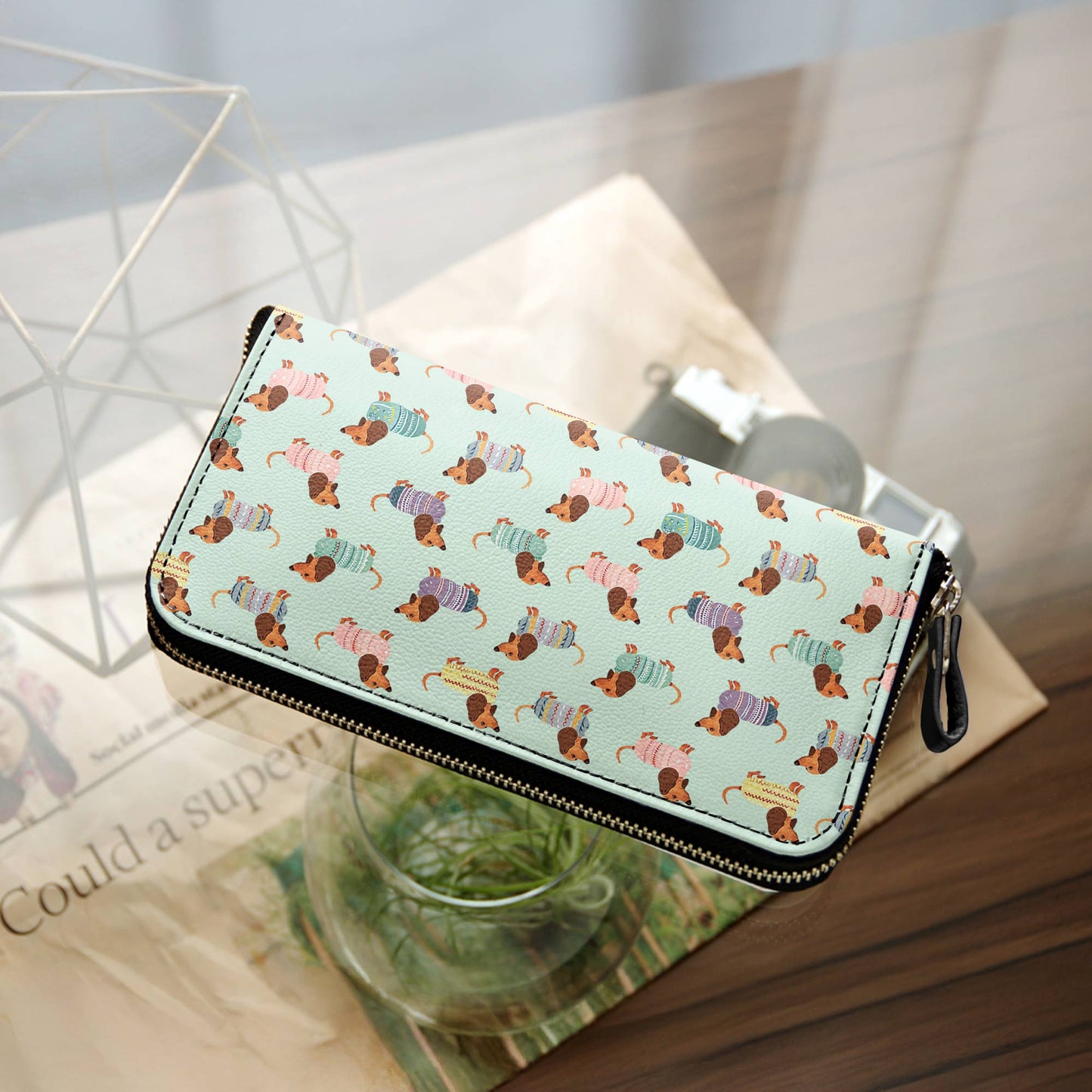  Leather Clutch Purse With Wristlet Strap Handle Colorful Dachshunds Ver2