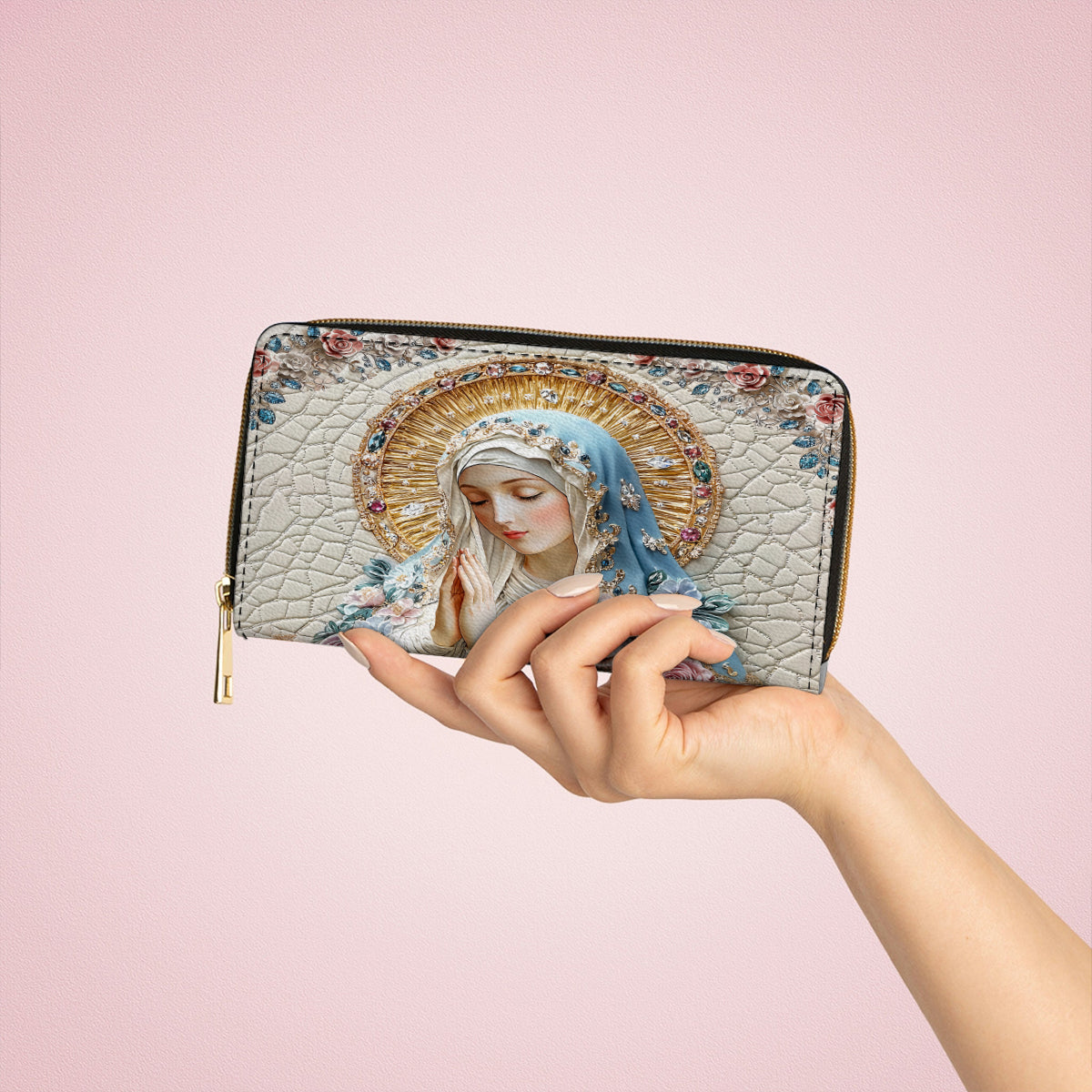  Leather Clutch Purse With Wristlet Strap Handle Divine Elegance Virgin Mary