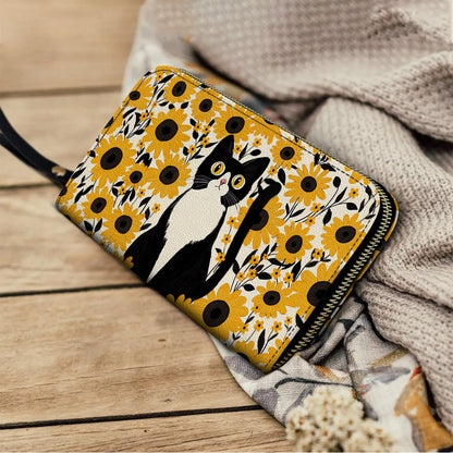  Leather Clutch Purse With Wristlet Strap Handle Leather Bag Cat In Sunflower Garden