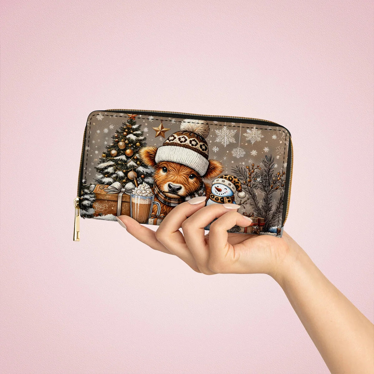  Leather Clutch Purse With Wristlet Strap Handle Cozy Cow Winter Wonderland Edition