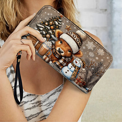  Leather Clutch Purse With Wristlet Strap Handle Cozy Cow Winter Wonderland Edition