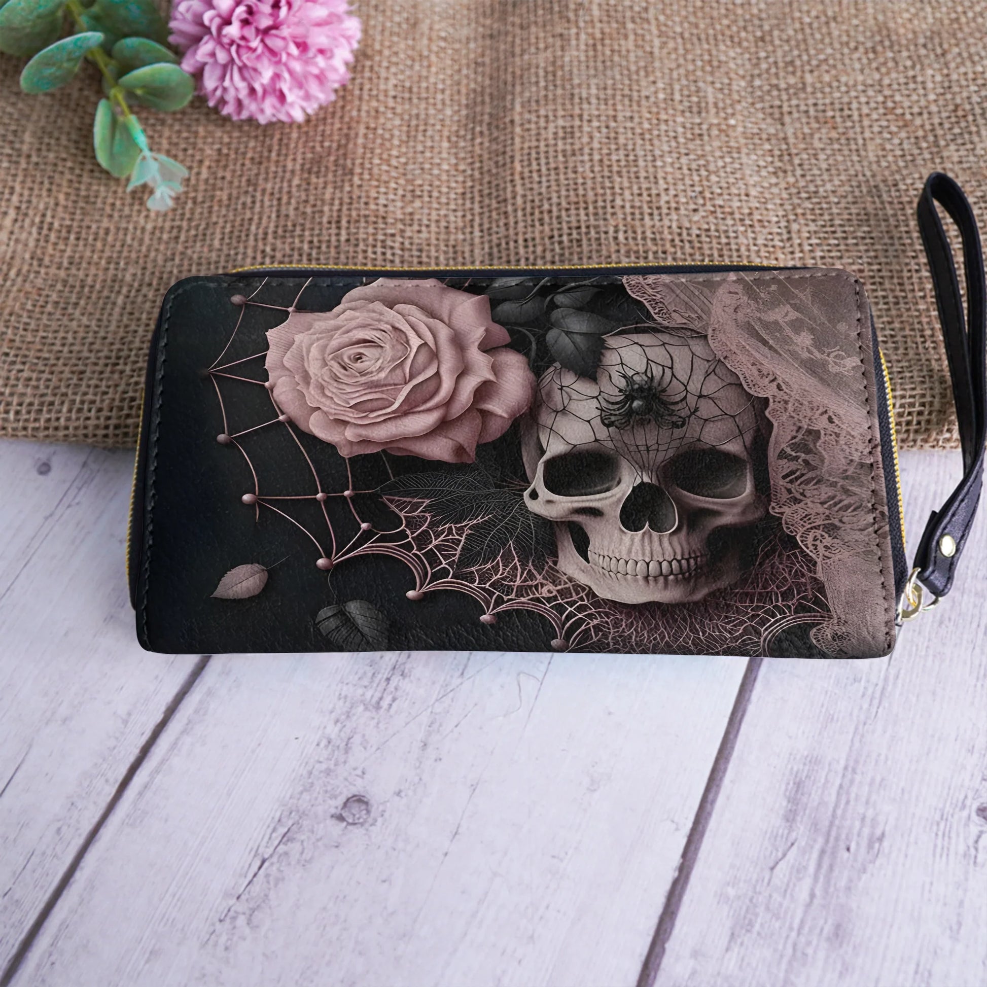  Leather Clutch Purse With Wristlet Strap Handle Dark Bloom Gothic