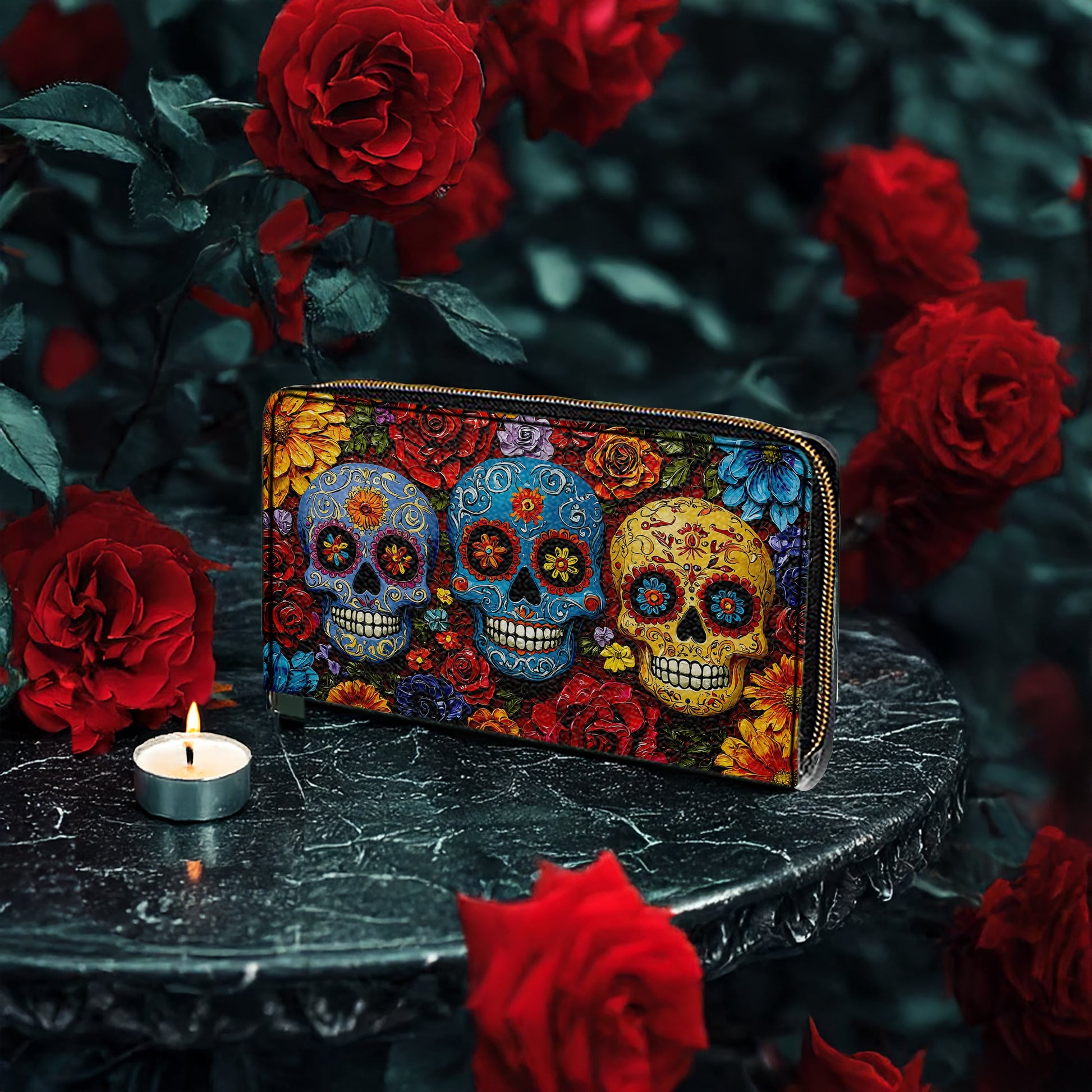  Leather Clutch Purse With Wristlet Strap Handle Floral Sugar Skull