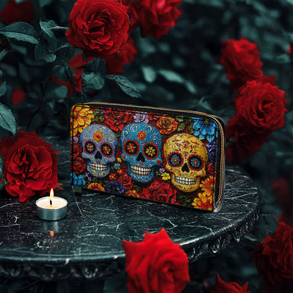  Leather Clutch Purse With Wristlet Strap Handle Floral Sugar Skull